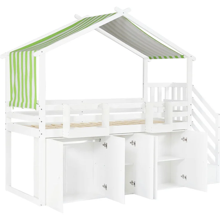 Hochbett mit Lattenrost, Kleiderschrank, Regal und Treppe, 90x200 cm, Hausbett, Kinderbett mit Rausfallschutz, Kiefer – Bild 7