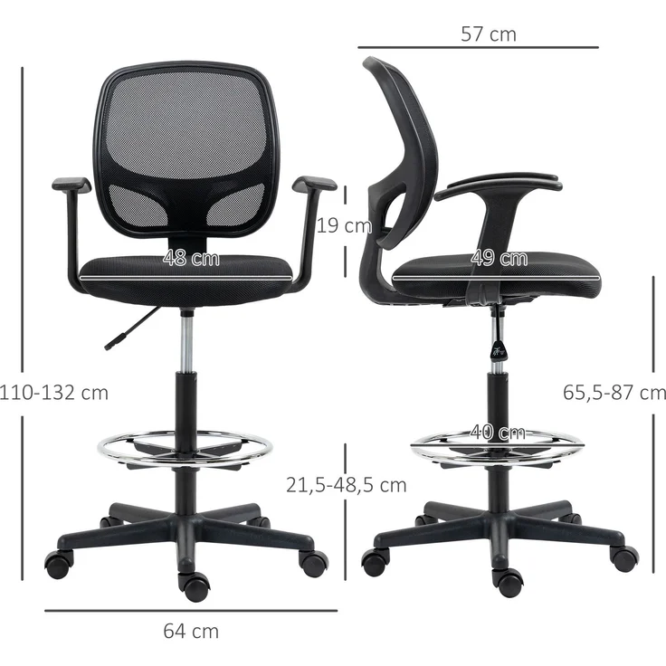 MELAYR, Zeichenstuhl mit Fußstütze 5 Rollen höhenverstellbar Stahl Mesh-Stoff Schwarz, 60 x 56 x 132 cm – Bild 5