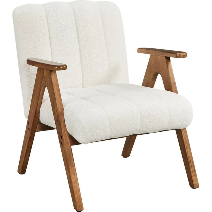 Yaheetech Loungesessel mit Armlehnen, Bouclé weiß / Gummibaumholz natur, 73 x 68,5 x 60,5 cm – Bild 1