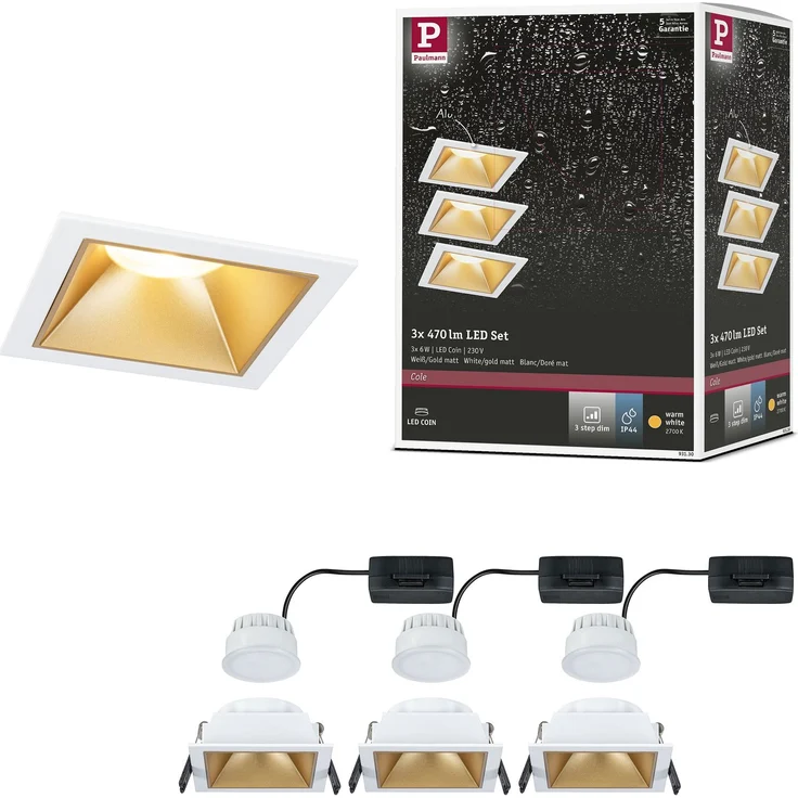 Paulmann 93130 LED Cole Coin Basisset eckig 3er-Set 2700K Weiß Gold 3-Step-Dim IP44 – Bild 7