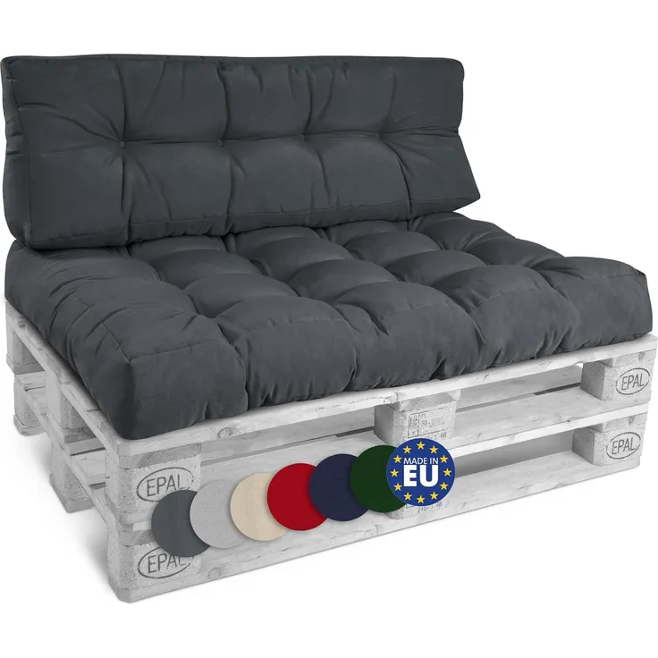 Beautissu Palettenkissen Set Style – 1x Sitzkissen 120x80 cm & 1x Rückenkissen 120x40 cm Gepolsterte Europaletten Indoor & Outdoor Auflage Palettenmöbel Lounge Kissen Outdoor Set - Graphitgrau