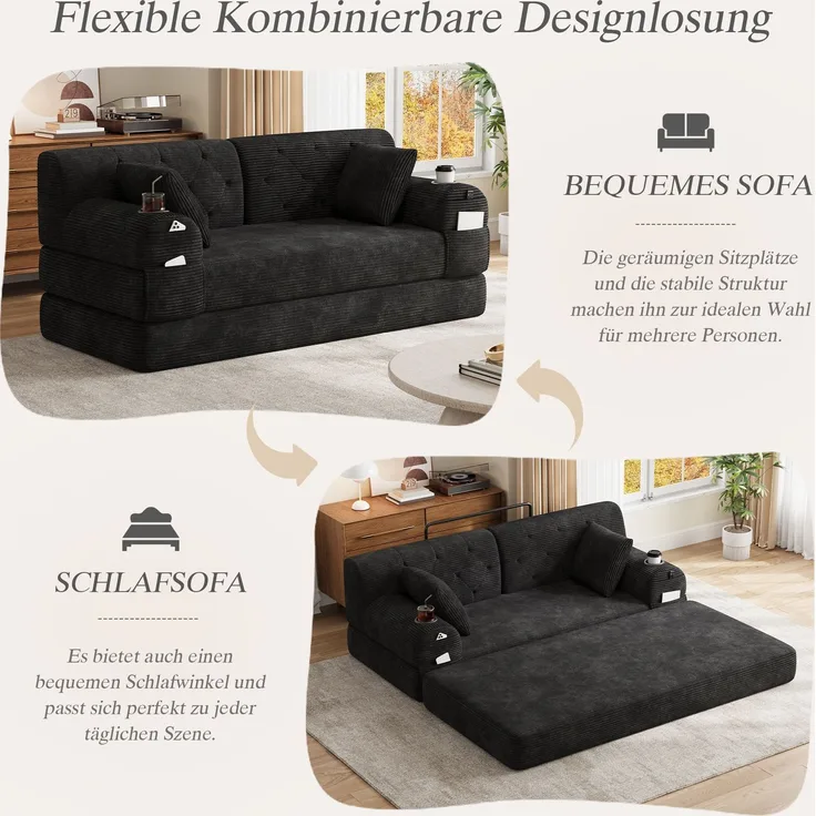 Wohnora-2-Sitzer Schlafsofa, komprimiertes Cord Sofa mit hoher Rückenlehne, Metallrahmen, hochdichtem Schaumstoff, 2 Getränkehaltern und 4 Seitentaschen, geeignet für Wohnzimmer und kleine Räume,Schwarz,H 81cm x T 168cm x B 80cm