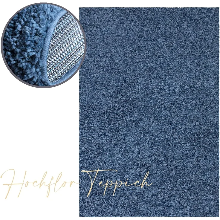 Teppich Wohnzimmer Hochflor Shaggy - 150x150cm - Blau Einfarbig Uni Flauschig Modern Boho Deko Teppiche Weich Schlafzimmer – Bild 2