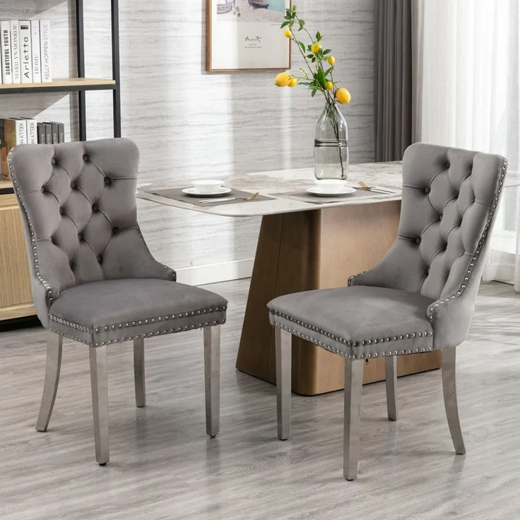 SeedWave Esszimmerstuhl 2er-Set Polsterstühle mit Samtbezug, hoher Lehne und Metallbeinen (2er-Set), Küchenstühle im französischen Stil mit Ziernieten und Rückenring – Bild 2