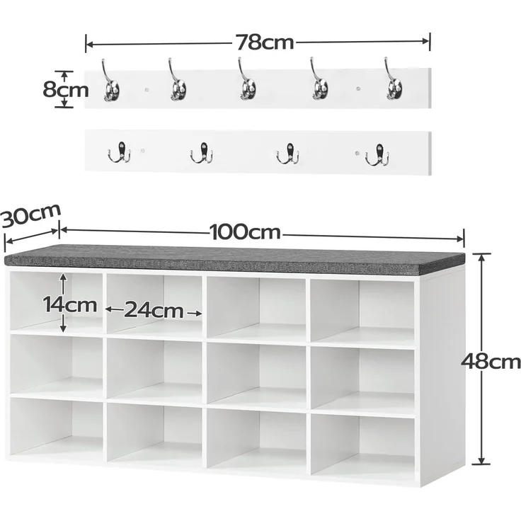 Hoobro GARDEROBE Weiß Wandgarderobe Set mit 9 Haken (H 30 x T 48 x B 100 cm) – Bild 3