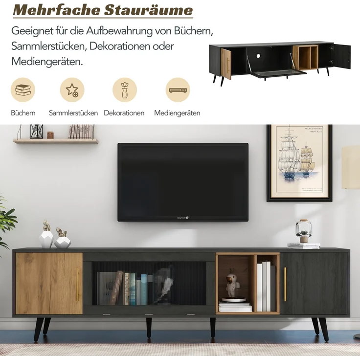 TV-Schrank Lowboard aus MDF mit Klappglasfront & Kabelmanagement, für bis zu 90 Zoll, 200x40x55,5 cm, Grau – Bild 8