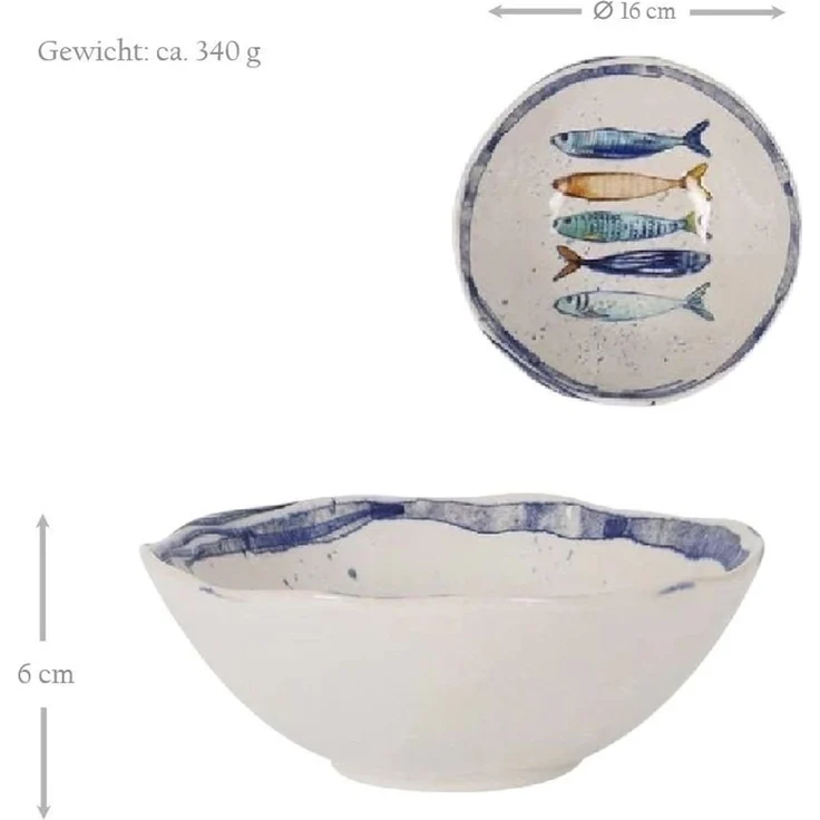 WestCraft Speiseteller Schüssel, mediterran mit Sardinen-Motiv, Maritime Bowl, Schale 16 cm, (4 St), 4er Set, hochwertig und robust - langlebig und vielseitig einsetzbar
