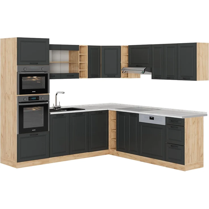 Eckküche R-Line Anthrazit Landhaus/Goldkraft Eiche 247 x 60 cm , AP Marmor Vicco – Bild 1