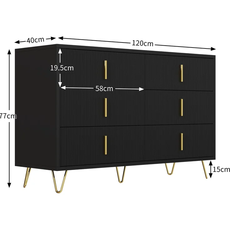 DESVIAE Sideboard mit 6 Schubladen, 120x77x40 cm, Spanplatte, Schwarz und Gold – Bild 10