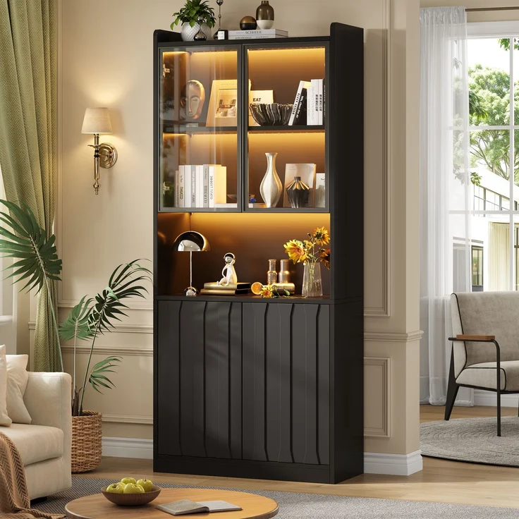80x35x200cm LED Vitrine, Hochschrank mit Glasschranktüren, Hochschrank Glasvitrine mit LED und Offene Partition,Wohnzimmerschrank mit Glastüren, Küche, Arbeitszimmer, Eingangsbereich,Schwarz--Schwarz--80x35x200cm--YOUDENOVA – Bild 2