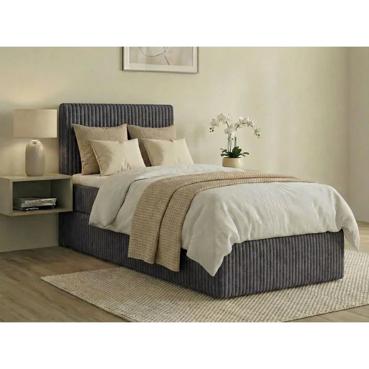 Boxspringbett RALFI 90 x 200 cm (Rechte Seit) mit Bettkästen, Bonell-Matratze H4 und T25-Topper. Farbe: Dunkelgrau