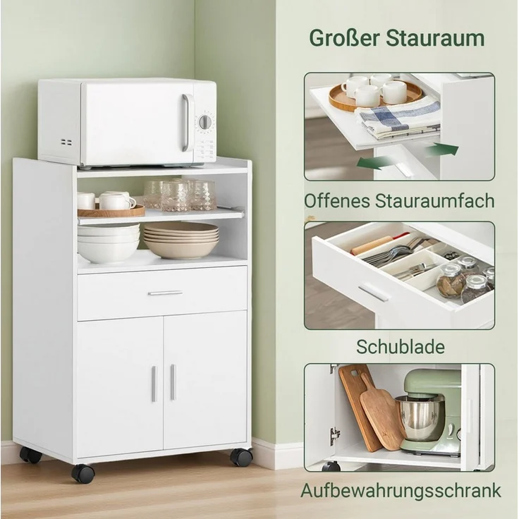 SoBuy Küchenwagen FSB09, Servierwagen mit Arbeitsplatte Aufbewahrungsschrank, Küchenschrank Rollschrank Mikrowellenschrank mit Ablagen und 2 Türen – Bild 2
