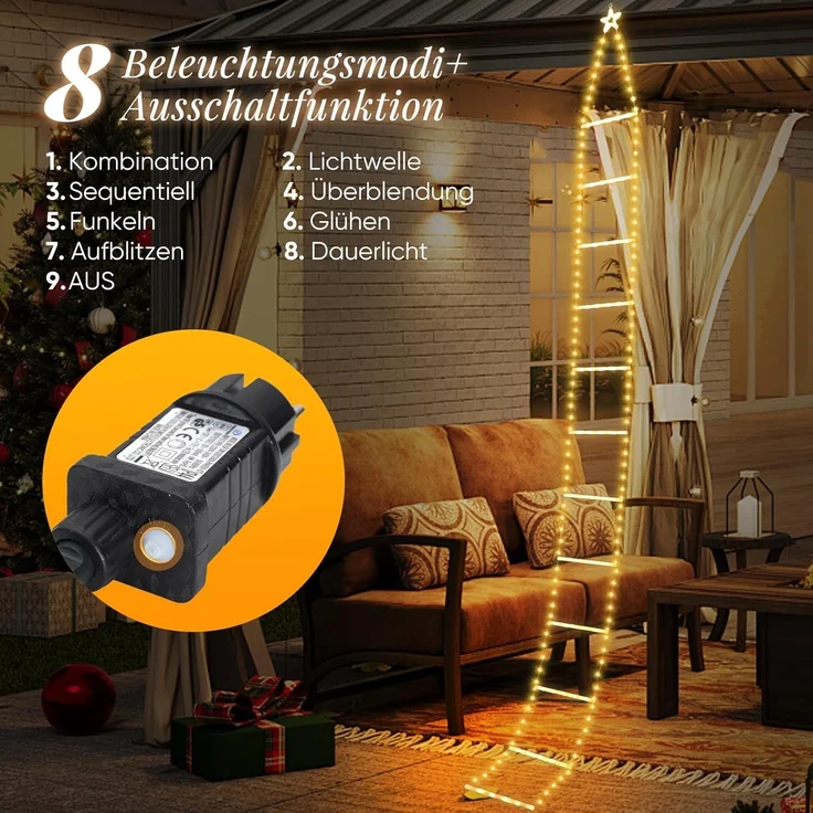 Salcar LED-Lichterkette, Leiter, mit Timer, Speicherfunktion, 8 Modi, Aussen, Kunststoff, 3m – Bild 3