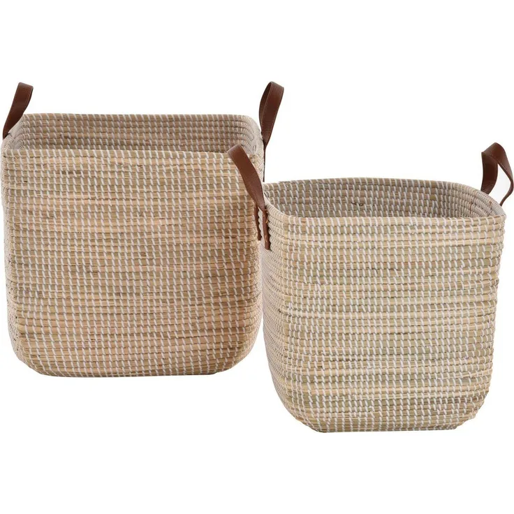 Krines Home Aufbewahrungskorb Set/2 Handgearbeitete Seegras Dekokörbe zur Aufbewahrung Flechtkorb (2 St, 2er-Set), Korb Natur mit weißen Wicklungen Hell Natur Quadratisch