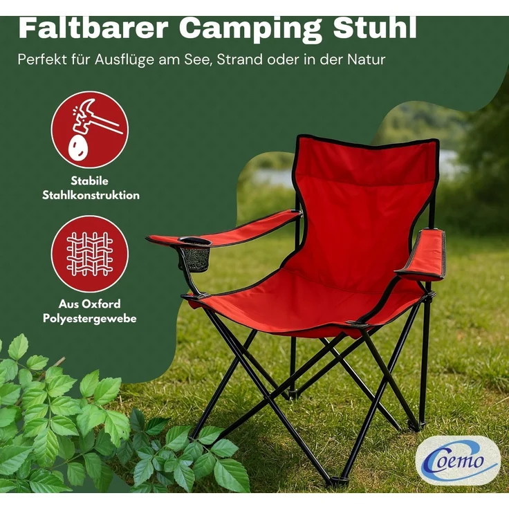 Coemo faltbarer Campingstuhl Faltstuhl mit Tragetasche in Rot – Bild 3