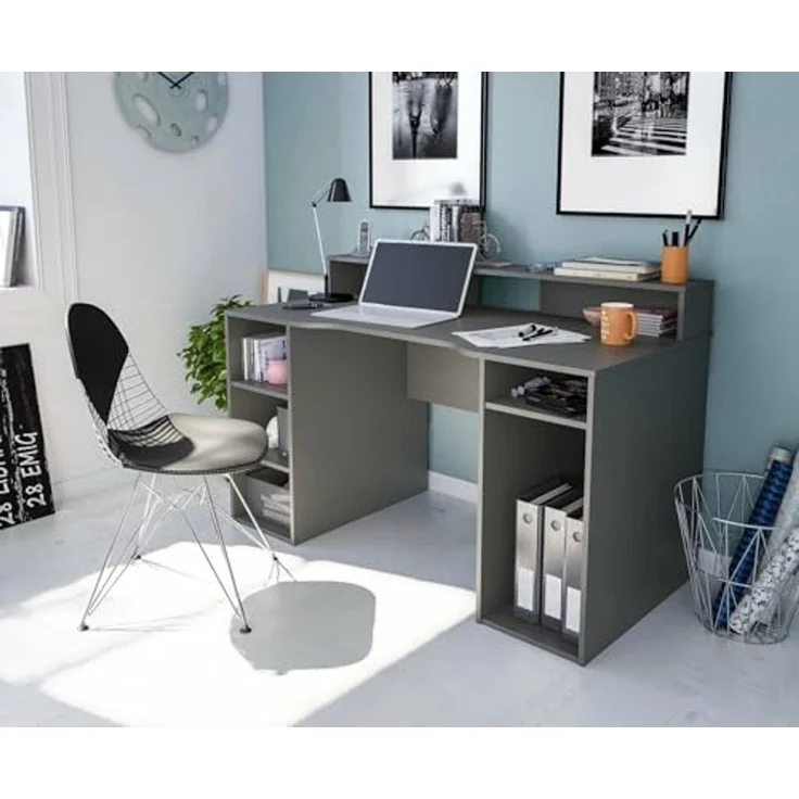 Dmora - Phoenix Schreibtisch, Moderner Multifunktions-Gaming-Schreibtisch, Studiertisch für PC und CD-Halter, Studiertisch mit Regalen, 136x67h88 cm, Anthrazit – Bild 4