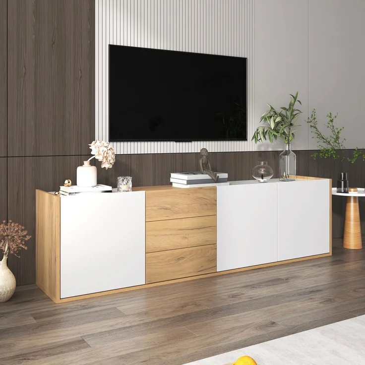 TV-Schrank 171 cm Weiß Holzoptik mit 3 Türen & 3 Schubladen, Lowboard mit verstellbaren Regalen – Bild 4