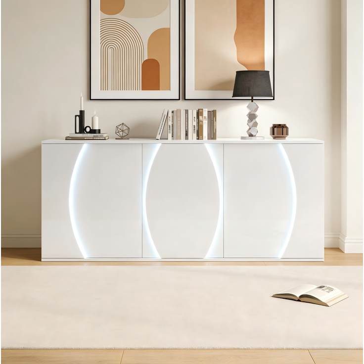 DESVIAE Sideboard mit 3 Türen und LED-Beleuchtung 150x70x40 cm Spanplatte Weiß