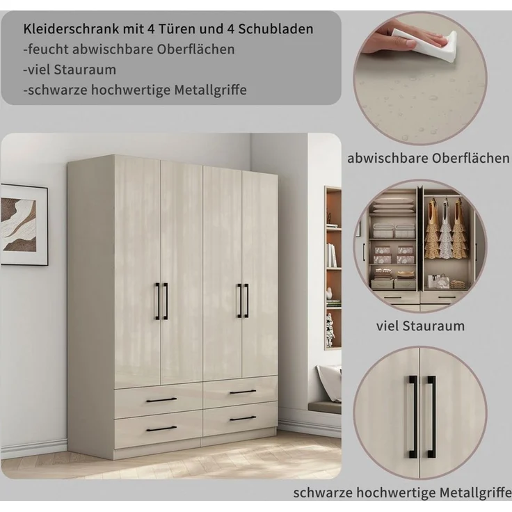 OTTO home Kleiderschrank Sylt Schlafzimmerschrank Bestseller mit hochglänzenden Fronten (Drehtürenschrank mit 4 Schubladen und 4 Türen) Schrank in Breite 160 mit viel Stauraum – Bild 2
