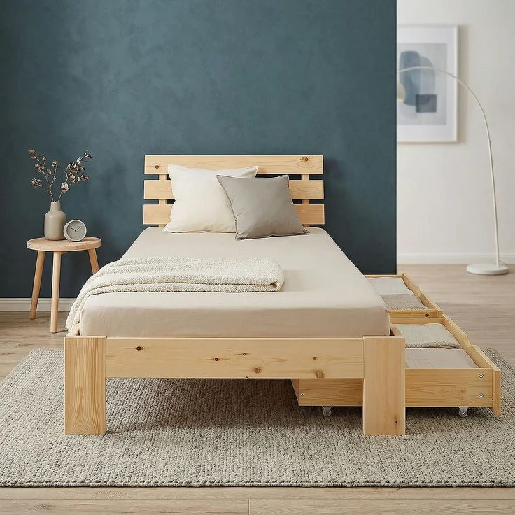 Holzbett 90x200 mit Matratze 2 Bettkästen Bett Natur Holzbett Bettgestell Futonbett Jugendbett Einzelbett – Bild 9