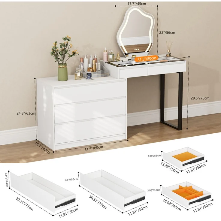 Schminktisch 120 cm mit Spiegel, 5 Schubladen und LED-Beleuchtung, Glasplatte, Weiß – Bild 4