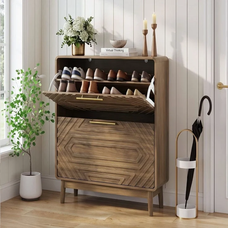 ANYSUN Schuhkipper Schuhschrank schmal mit 2 Klappen, Walnussoptik, 60 cm breit (1 St), mit verstellbaren Trennwänden, Kippschutz und Massivholzbeinen – Bild 2