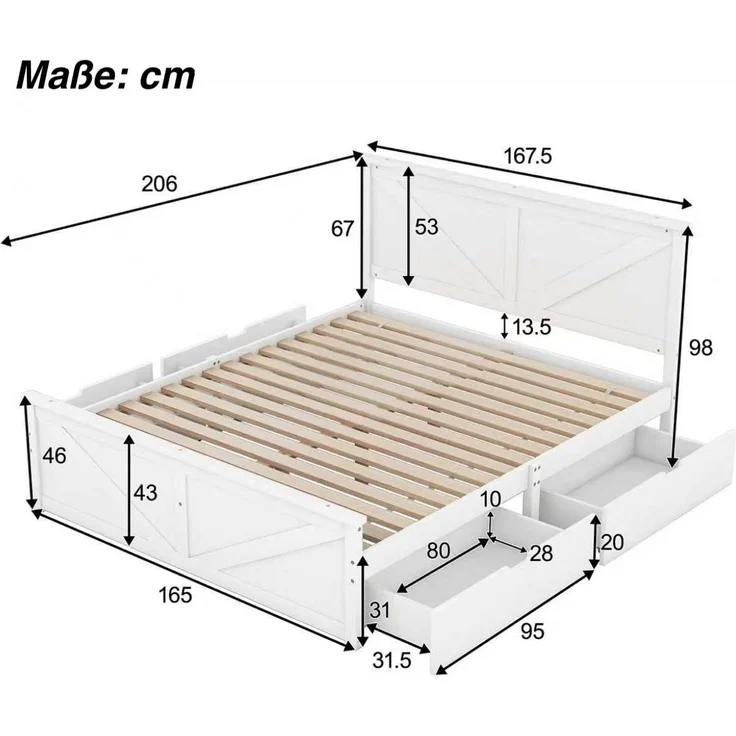 Massivholzbett, 160x200 cm, Doppelbett mit Lattenrost, Kopfteil und 4 Schubladen, Holzbett aus Kiefer – Bild 5