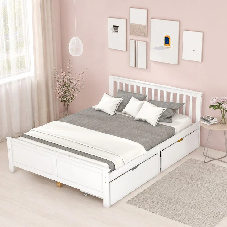 CHICFURN Doppelbett aus Kiefernholz und MDF Weiß 140x200 cm mit 2 Schubladen – Bild 2