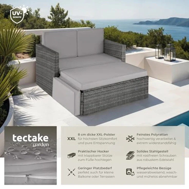 tectake Sofa Set - 2 Sitzer Sessel mit Hocker und Schlaffunktion, kleine Rattan Couch als Outdoor Gartenmöbel, wetterfest für Lounge, Balkon und Garten, klappbar mit Polstern – Bild 3