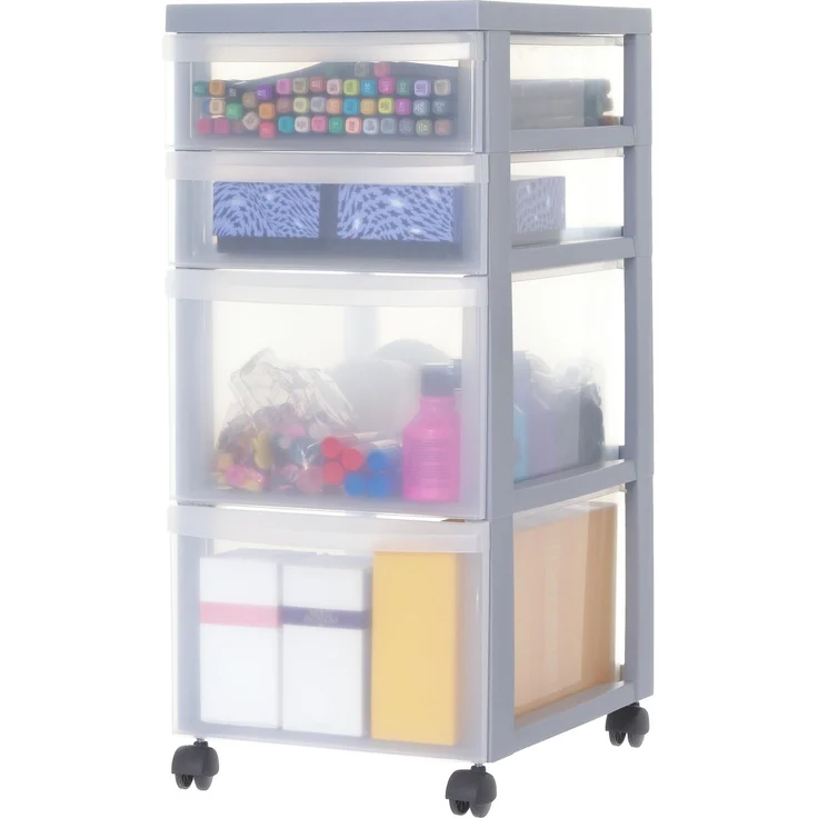 Iris Ohyama Kunststoff-Schubladenbox mit Rollen, 2 Tiefe und 2 Flache Schubladen, Grau, Griffe zum Ziehen, Für Schlafzimmer, Bad, Schule & Büro, BPA-frei, Schubladenschrank, Rollcontainer, DC-322