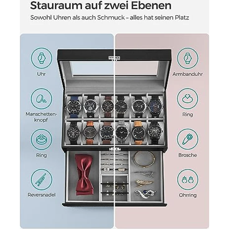 SONGMICS Uhrenbox Uhrenkasten, mit 2 Ebenen, 12 Fächer und 1 Schublade – Bild 4