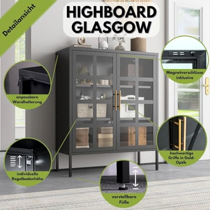 Mein-Regal Highboard Glasgow aus Metall Beistellschrank 2 Glastüren Schwarz – Bild 4