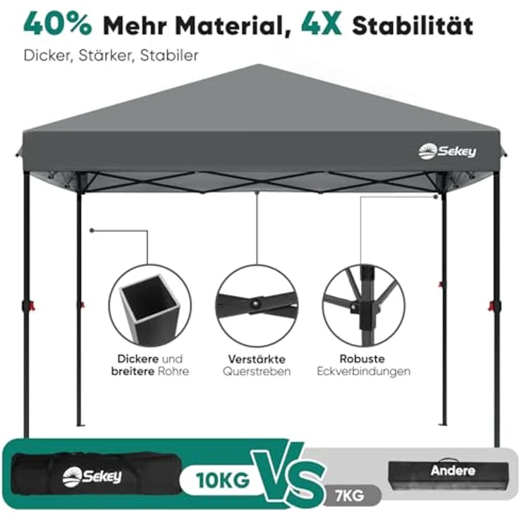 Sekey Pavillon 3x3 mit 4 Seitenteile, Faltpavillon Wasserdicht Stabil Winterfest, Pop Up Pavillon Faltbar für Camping, Festival, Events, Picknicks, Partyzelt Gartenzelt mit 4 Sandsäcke, Grau – Bild 4