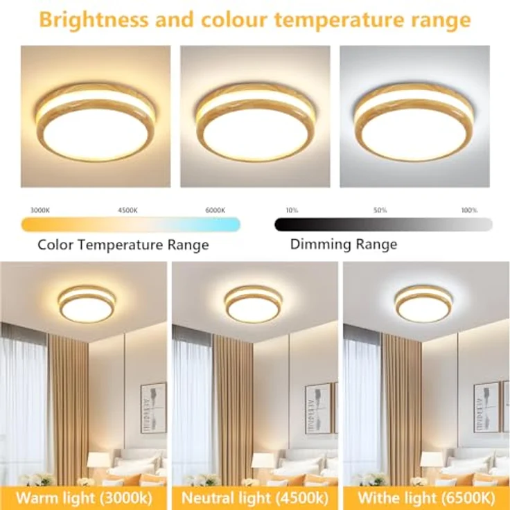 Goeco LED Deckenleuchte Flach RundDimmbar, 24W Holz Ø30CM Deckenlampe mit Fernbedienung, 3000-6500K, LED Deckenbeleuchtung Rund für Wohnzimmer Schlafzimmer Flur Küche – Bild 5