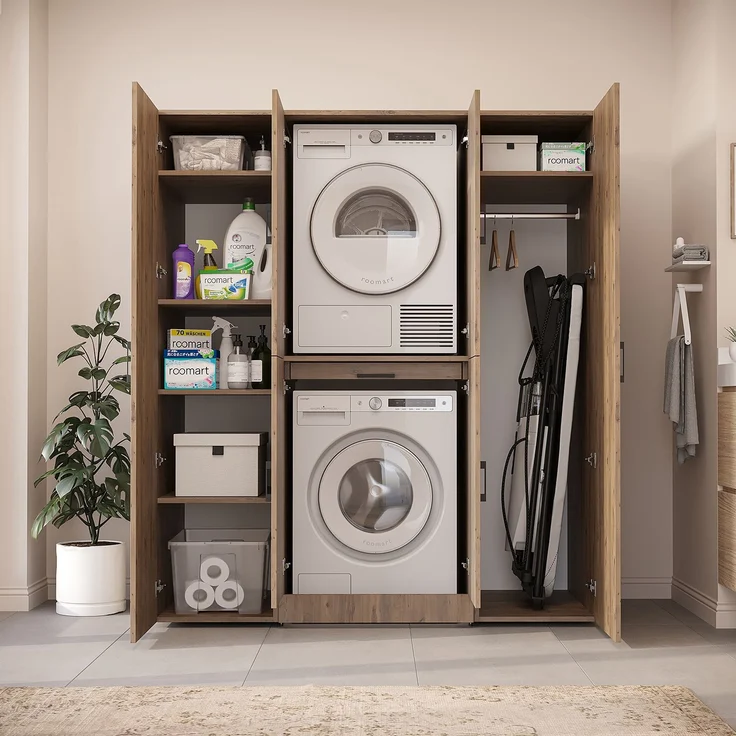 Roomart Waschmaschinenschrank - DORA-I- 160 cm breit - Wasch- & Trocknerschrank mit 2 Hochschränken, Türen & Ausziehbrett, Waschmaschinen-Überbau für Waschküche & Hauswirtschaftsraum • Eiche – Bild 6