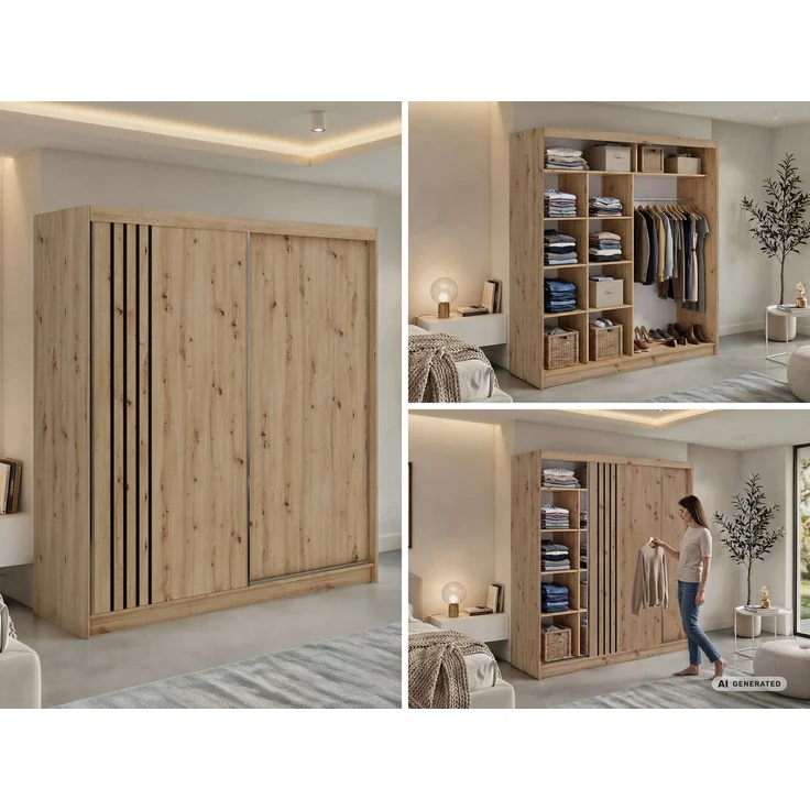 Schwebetürenschrank NAURU mit Lamellen-Optik, moderner Kleiderschrank, Breite 200 cm, inkl. Innenausstattung & Stauraum, Akustikpaneel-Design - Eiche Artisan und Schwarz – Bild 2