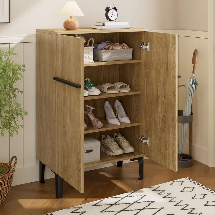 Schuhschrank, Holzoptik/Schwarz mit Doppeltüren & verstellbaren Einlegeböden, 60x34,5x95 cm – Bild 4