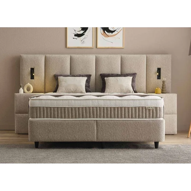 Casa Padrino Luxus Boxspringbett mit hohem Wandkopfteil und Leseleuchten Taupe 160 x 200 cm - Luxus Schlafzimmer Möbel