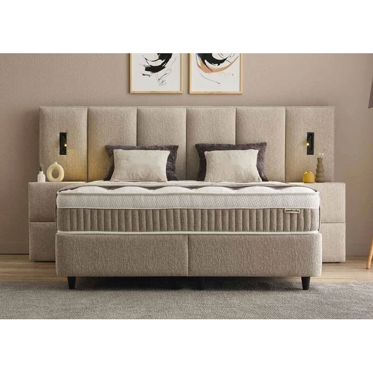 Casa Padrino Luxus Boxspringbett mit hohem Wandkopfteil und Leseleuchten Taupe 160 x 200 cm - Luxus Schlafzimmer Möbel