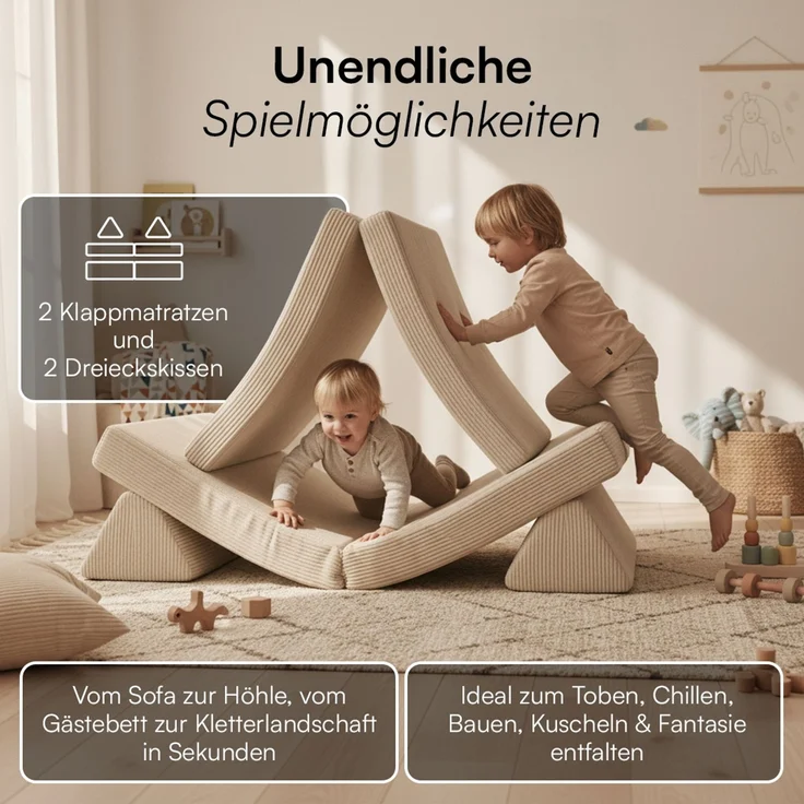 Bellabino 'Nile' Spielsofa, 4-tlg, Cord, beige, faltbare Kindercouch, abnehmbarer & waschbarer Bezug, Kindersofa aus Schaumstoff, Oeko-Tex zertifiziert – Bild 3