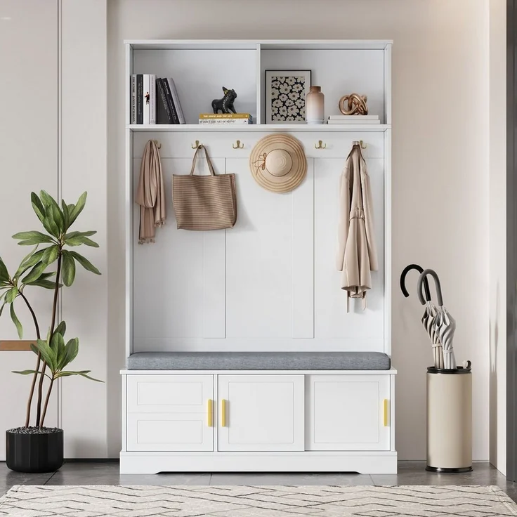Merax Garderoben-Set mit Schuhbank & 6 Haken, (1-St, B120/T40/H191 cm), Garderobenständer Flurgarderobe mit Ablage & 3 Türen, freistehend – Bild 3