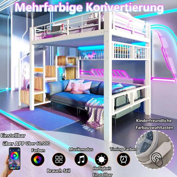 Merax Hochbett, Kinderbett 140×200cm, Jugendbett, mit LED-Lichtleiste, Treppenkonstruktionen mit Stauraum, Ohne Matratze, Weiß – Bild 5