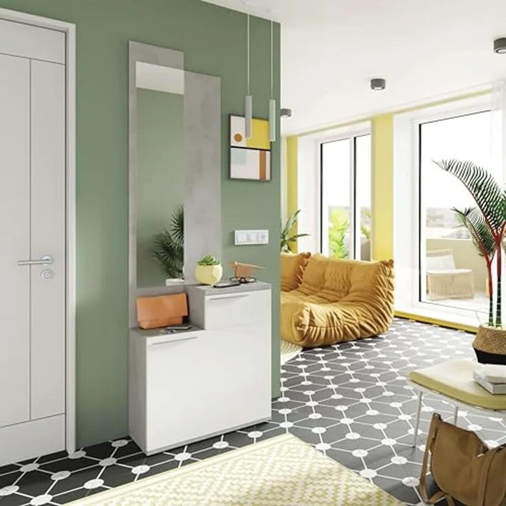Habitdesign, Schuhschrank mit Spiegel, platzsparendes Garderobenmöbel in Zementgrau und Artik weiß für Flur oder Schlafzimmer, modernes Design, Maße: 61 x 185 x 28 cm (B x H x T), Modell Karen – Bild 5