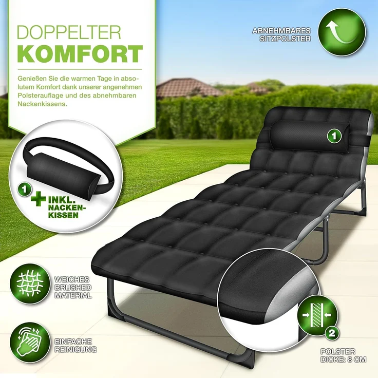 tillvex® Campingbett klappbar Schwarz mit Seitentasche & Nackenkissen bis 280 kg | Campingliege Sonnenliege mit Polster | Feldbett Outdoor & Indoor | Klappbett Gästebett faltbar Garten Camping Festival Reise – Bild 2