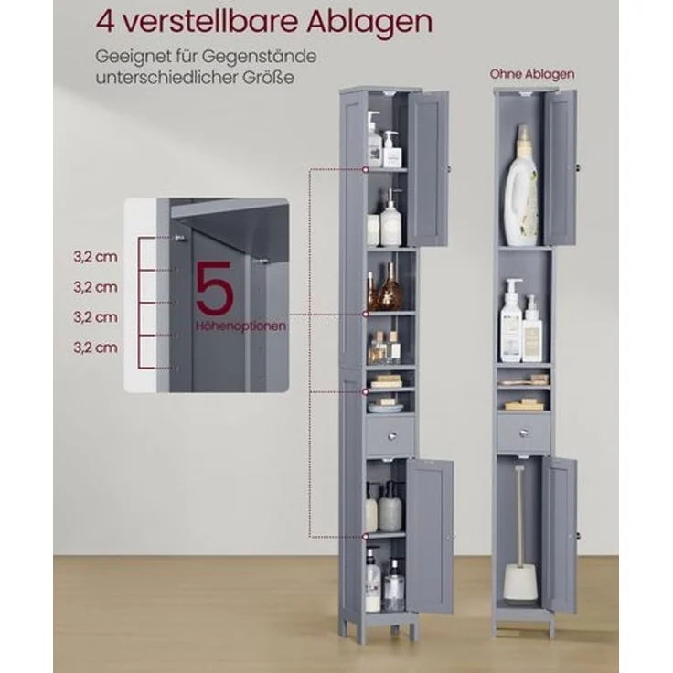 VASAGLE Badezimmerschrank, Badschrank, hoch, schmaler Aufbewahrungsschrank, mit verstellbaren Ablagen, Schublade, offenen Fächern, für kleine Räume, modern – Bild 3