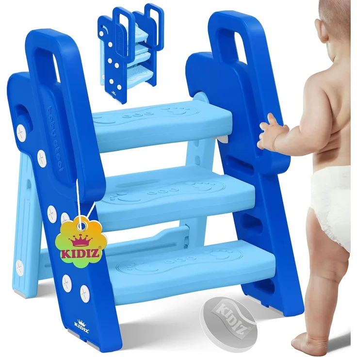 KIDIZ® Tritthocker für Kinder Trittleiter Klappbar mit 3 Stufen | Faltbarer Lern-Turm ab 18 Monaten bis 6 Jahren | Robust | Sicherer & Stabiler Trittschemel | Höhenverstellbar Rutschfest Blau / Hellblau – Bild 1