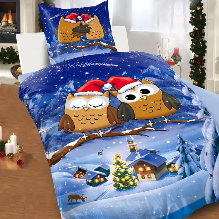 Fleece Bettwäsche Weihnachtsmotiv mit Eulen 135x200 cm Deckenbezug, 80x80 cm Kissenbezug – Bild 3