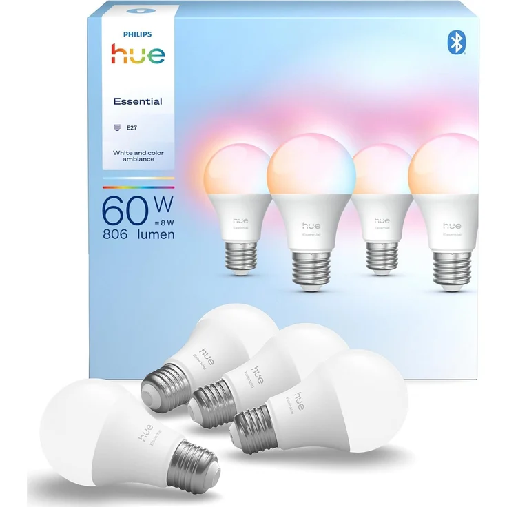 Philips Hue Essential Smart LED A60 Lampe, Weiß und Farbig, E27 Fassung, 8W, 2200K-6500K, 806 Lumen, dimmbar, funktioniert mit Alexa, Google Assistant, und Apple Home, 4er Pack – Bild 1