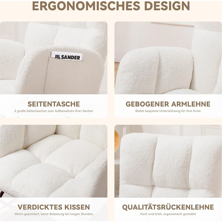 COMHOMA Schaukelstuhl, Relaxsessel mit Armlehnen, Ohrensessel aus Teddy-Plüsch Schaukelsessel, bis 150 kg belastbar, sonnenliege gartenliege für Schlafzimmer, Wohnzimmer, Stilvolles Design weiß – Bild 7
