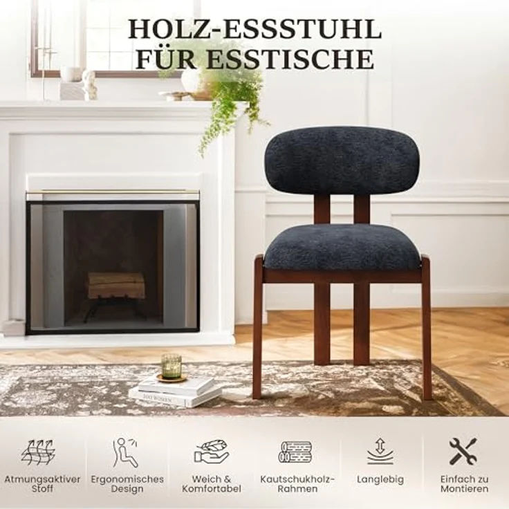 MALOL Esszimmerstühle 2er Set, Moderne Polsterstuhl Essstühle mit Holzbein, Stoff Esszimmerstühl mit Fester Rückenlehne für Esszimmer, Küche, Restaurant, Mit dunkelbraunen Beinen, Dunkelblau – Bild 8